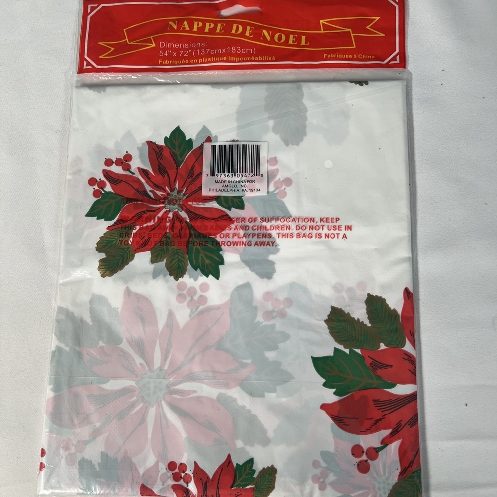 New- Christmas Poinsettia Waterproof Plastic Table Cover Holiday 54 x 72 - Picture 3 of 3